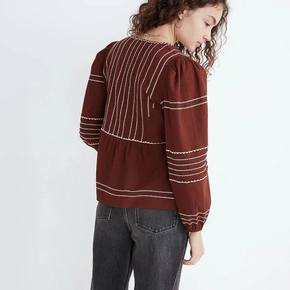 Madewell Embroidered Faux-Wrap Top Women's Size S Surplice Neckline Long sleeves - Picture 4 of 11